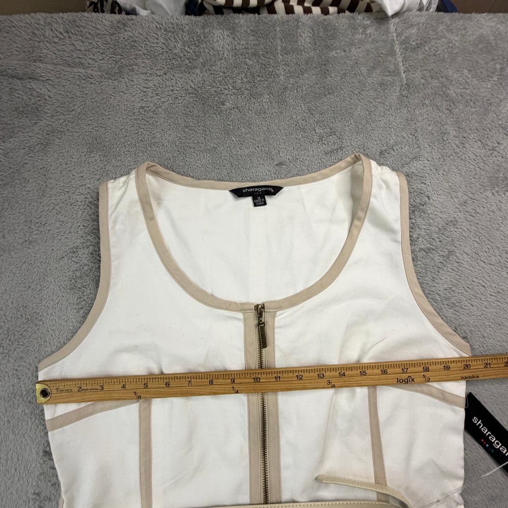 NWT Sharagano Womens White Tan Belted Zip Front Sleeveless Sheath Dress Size 16 - Picture 9 of 14